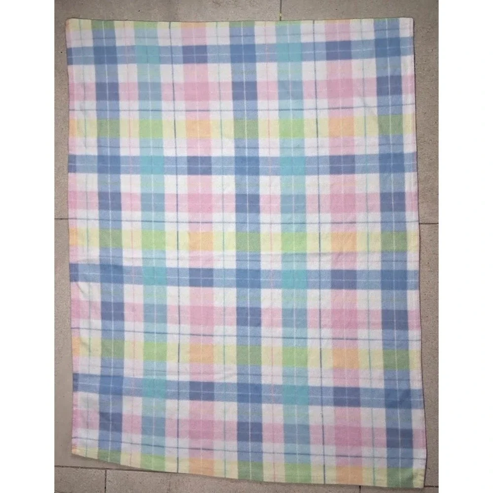 Carter's ? Vtg Pastel Plaid Baby Blanket Soft Acryclic 32x44 Pink Blue Yellow